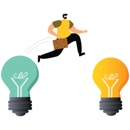 Smart businessman jump from old to new shiny lightbulb ideas  Illustration