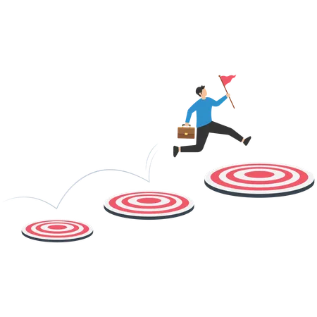 Smart businessman jumping on bigger and higher archery bull's eye target  Illustration