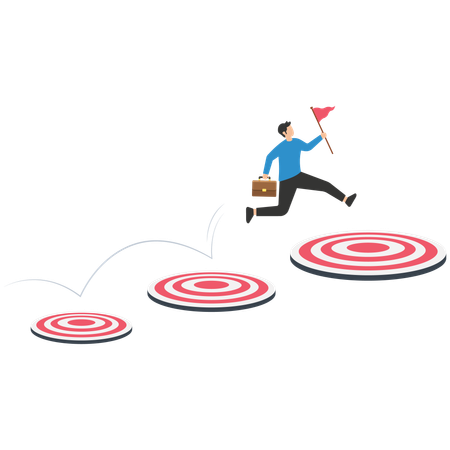 Smart businessman jumping on bigger and higher archery bull's eye target  Illustration