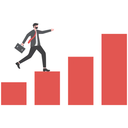 Smart businessman jumping up the bar graph that is moving up  Illustration