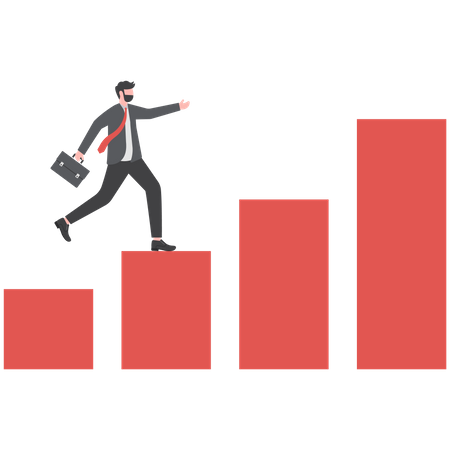 Smart businessman jumping up the bar graph that is moving up  Illustration