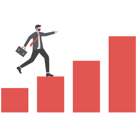 Confident Smart Businessman Jumping Up The Bar Graph That Is Moving Up Economic Prosperity Business Profit Growth Or Career Path And Income Increase Concept Illustration