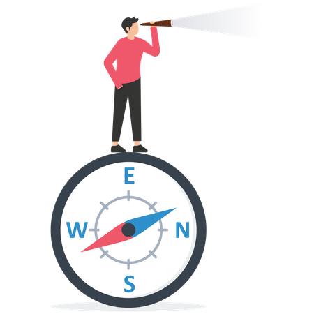 Smart businessman leader using telescope look for the way forward strategy  Illustration