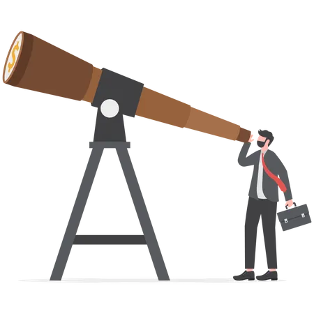 Visionary To Discover Opportunity Smart Businessman Look Through Big Telescope Business Forecast Illustration