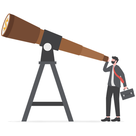 Smart businessman look through big telescope  Illustration