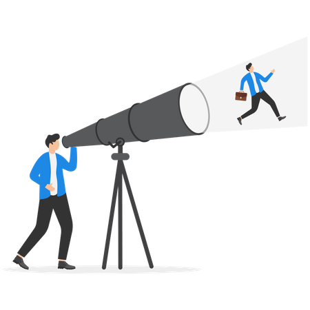 Smart businessman look through telescope see himself walking to reach goal  Illustration