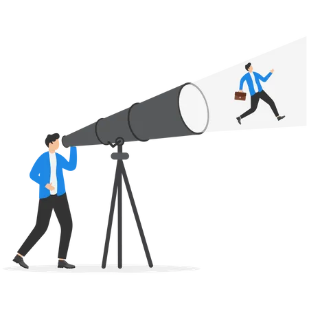 Smart businessman look through telescope see himself walking to reach goal  Illustration