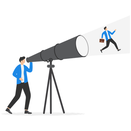 Smart businessman look through telescope see himself walking to reach goal  Illustration