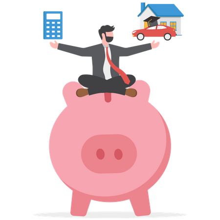 Smart businessman on piggy bank with calculator  Illustration