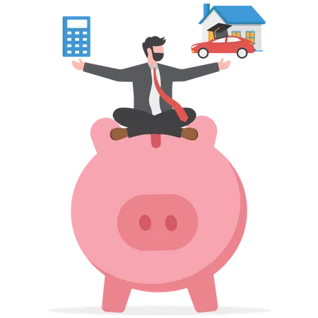 Personal Finance Money Management Expense Cost And Budget Calculation For Education Housing Mortgage Or Car Loan Concept Smart Businessman On Piggy Bank With Calculator House Car And Graduate Hat Illustration