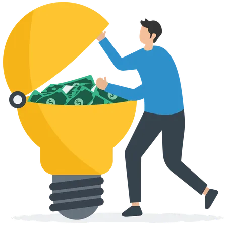 Smart businessman open bright light bulb idea and found compound earning profit money coins  Illustration