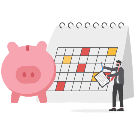 Smart businessman plan her monthly budget with calendar and piggybank  Illustration