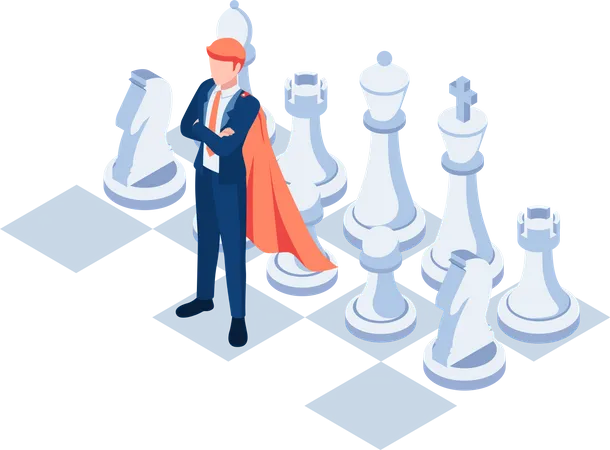 Flat 3 D Isometric Super Businessman As A Leader On Chess Board Business Strategy And Leadership Concept Illustration