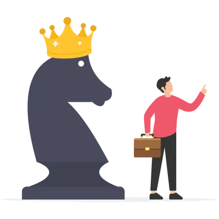 Smart businessman pointing finger to direct chess knight with king crown  Illustration