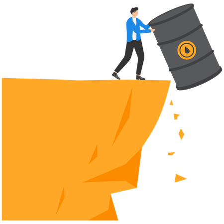 Smart businessman pushes dollar coins and oil barrel off cliff into abyss  Illustration