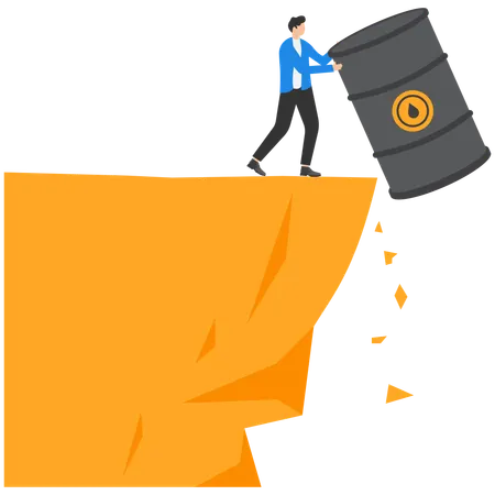 Smart businessman pushes dollar coins and oil barrel off cliff into abyss  Illustration