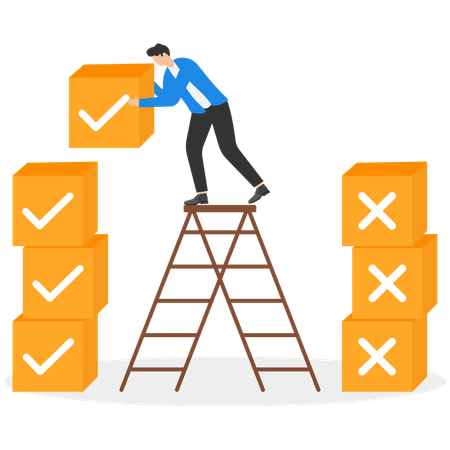 Smart businessman puts cubes with checkmark and cross  Illustration