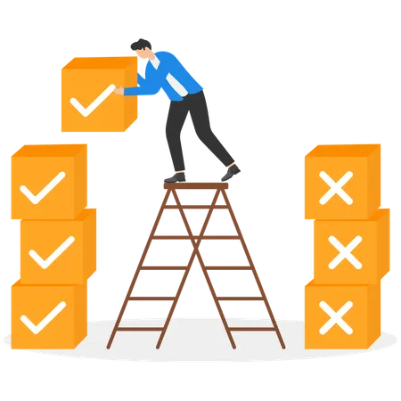 Smart businessman puts cubes with checkmark and cross  Illustration