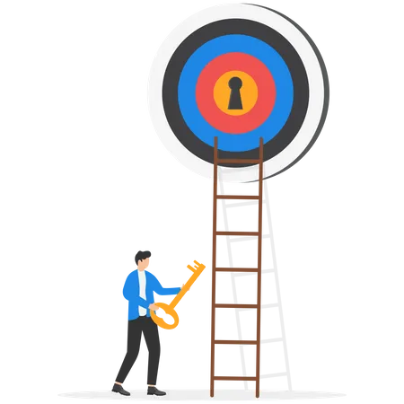 Smart businessman putting golden key into bullseye target key hold to unlock business success  Illustration