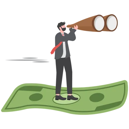 Investment Opportunity Visionary To Make Profit Or Financial Growth Concept Smart Businessman Riding Flying Banknote Money Using Telescope Or Spyglass To See Future Illustration