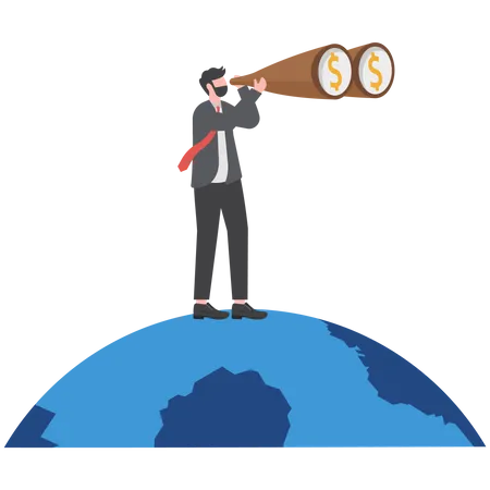 Smart businessman standing on globe, planet earth using telescope to see vision  Illustration