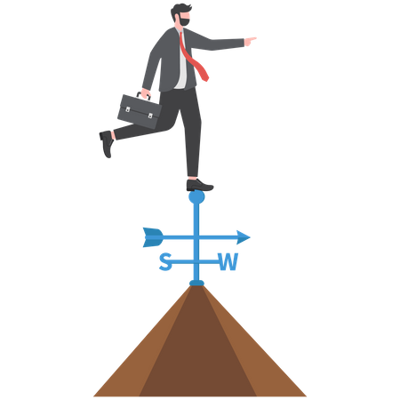 Smart businessman standing on top of weather vanes on the roof pointing to winning direction  イラスト