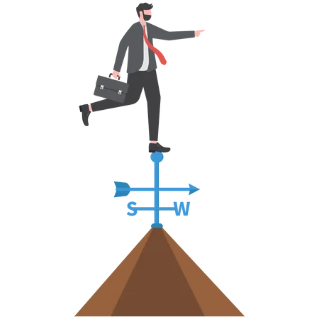 Business Direction To Achieve Success Leadership And Visionary Concept Smart Businessman Standing On Top Of Weather Vanes On The Roof Pointing To Winning Direction Illustration