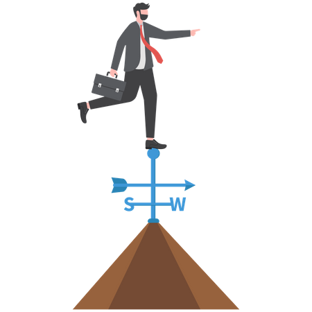 Smart businessman standing on top of weather vanes on the roof pointing to winning direction  Illustration