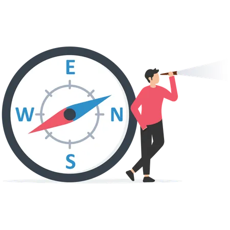 Smart businessman standing with big compass look through spyglass or telescope  Illustration