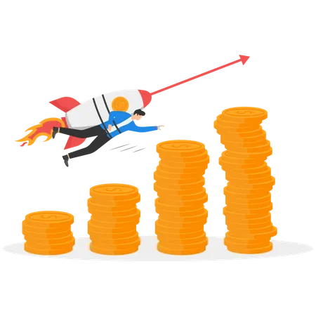 Smart Businessman Takeoff With The Rocket Flying Symbol Successful Business Startup Profitable Investment Career Growth And Development Financial Increase And Rise Illustration