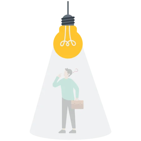 Smart businessman thinking under inspired bright light bulb  Illustration