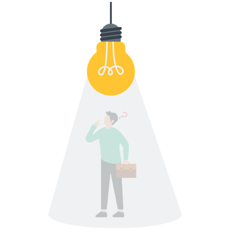 Smart businessman thinking under inspired bright light bulb  Illustration