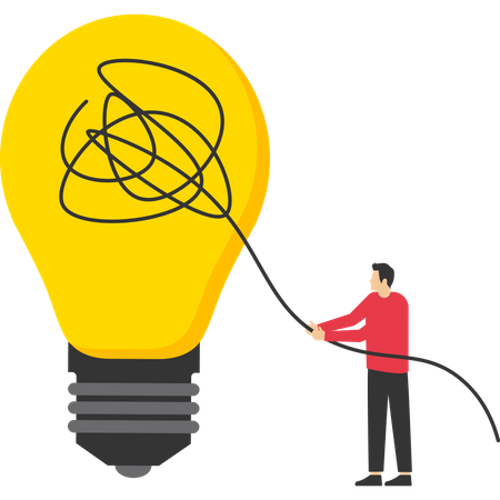 Smart businessman uncover messy business idea light bulb or simplification problem  Illustration