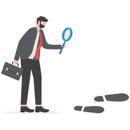 Smart businessman using magnifying glass investigating bigger foot steps  Illustration