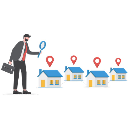 Smart businessman using magnifying glass zooming to see house or residential details  Illustration
