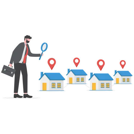 Searching For New House Look For Real Estate And Accommodation Valuation Or New Rent And Mortgage Concept Smart Businessman Using Magnifying Glass Zooming To See House Or Residential Details Illustration