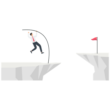 Smart Businessman Using Pole Jump Across The Cliff To Reach The Target  イラスト