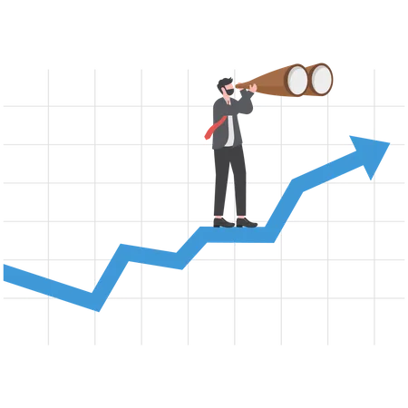Business Vision To See Opportunity Investor Fortune Or Profit Growth Career Achievement Concept Smart Businessman Manager Using Telescope To See Future Standing On Top Of Rising Arrow Market Graph Illustration