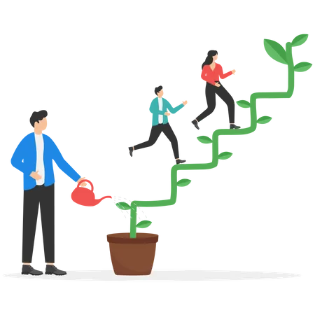 Smart Businessman Watering Seedling Plant Growing Up As Stair To Climb To Reach Success  Illustration