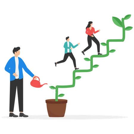Smart Businessman Watering Seedling Plant Growing Up As Stair To Climb To Reach Success  イラスト