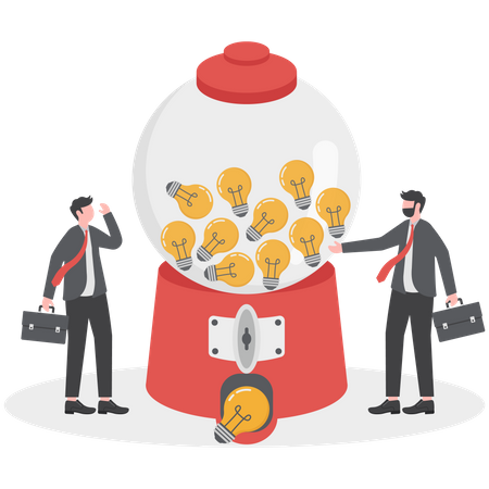 Smart businessman with a lot of ideas standing with gumball machine with abundance of lightbulb ideas  Illustration