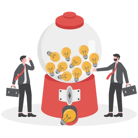 Smart businessman with a lot of ideas standing with gumball machine with abundance of lightbulb ideas  Illustration