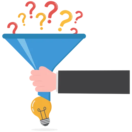 Solving Problem Solution Or Result From Business Difficulty Research Or Discover New Idea Creativity To Answer Questions Smart Businessman With Funnel Or Filter To Get Solution From Question Mark 일러스트레이션