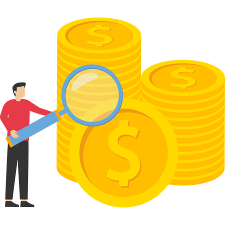 Smart businessman with magnifying glass examining and doing research on business economics  Illustration