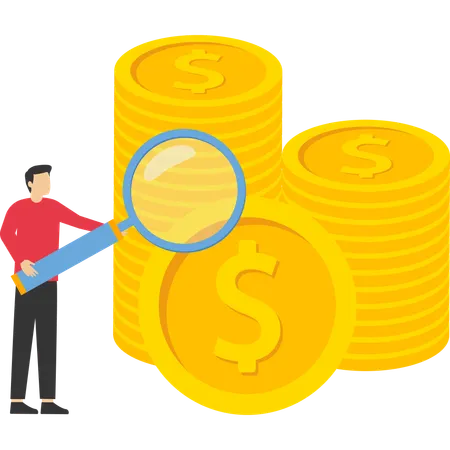 Smart businessman with magnifying glass examining and doing research on business economics  Illustration