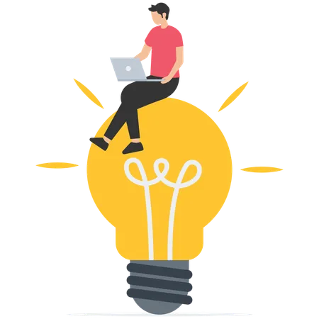 Smart businessman working with computer laptop on bright light bulb idea  일러스트레이션