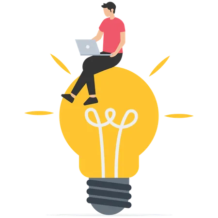 Smart businessman working with computer laptop on bright light bulb idea  Illustration