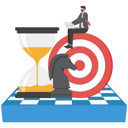 Business Strategy Planning To Achieve Goal Management For Company Growth Opportunity Market Success Goal Smart Businessman Working With Computer Sit On Target With Chess Knight And Sandglass Illustration
