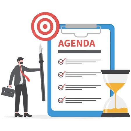 Meeting Agenda Priority Important Task For Discussion Objective Or Purpose To Finish Planner Or Checklist For Office Work Concept Smart Businessman Hold Pencil Write Meeting Agenda With Timer 일러스트레이션