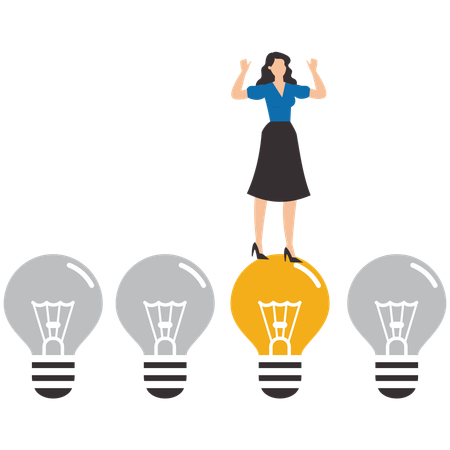 Smart businesswoman chooses a light bulb that is on from several that are off  Illustration